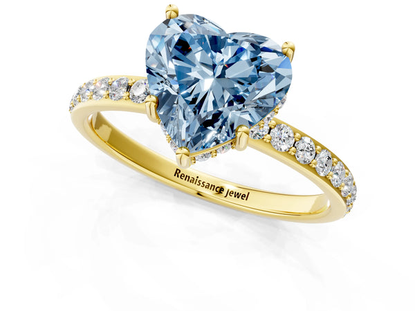 Yellow gold Fancy Blue Heart Cut Diamond Solitaire Ring with Pavé Band and Hidden Halo