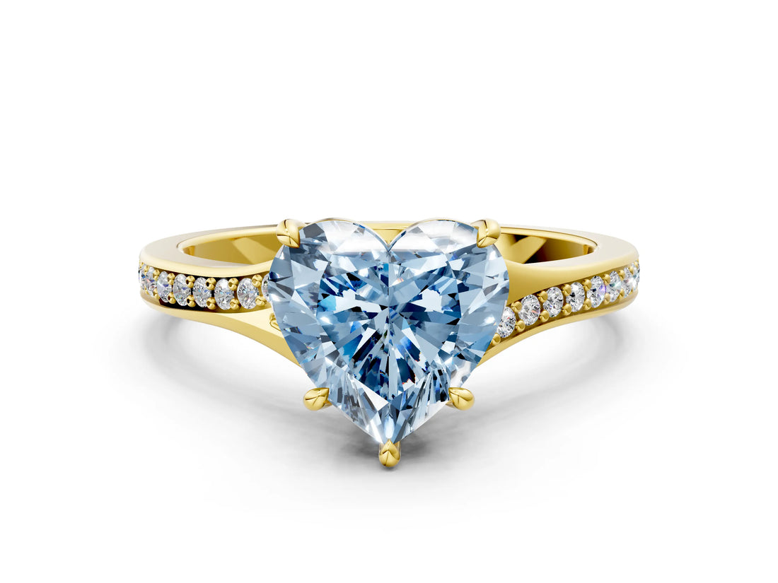 Yellow gold Fancy Blue Heart Cut Diamond Solitaire Ring with Pavé Band and Prong Setting_12