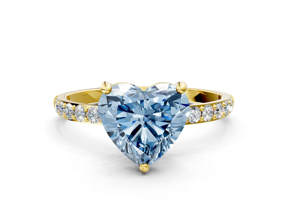 Yellow gold Fancy Blue Heart Cut Diamond Solitaire Ring with Pave Band and Four Prong Setting_109