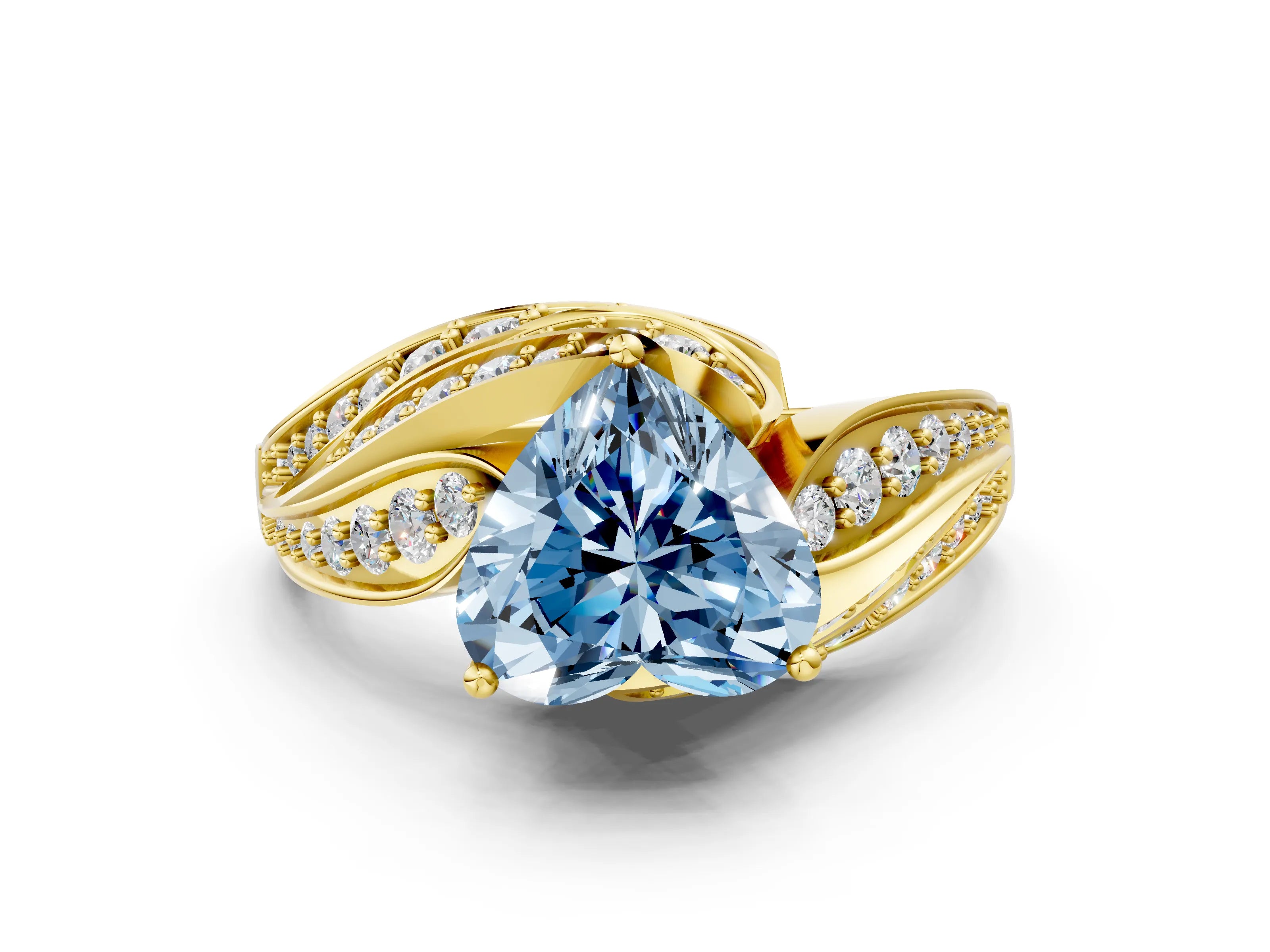 Yellow gold Fancy Blue Heart Cut Diamond Solitaire Ring with Prong Setting and Twisted Pavé Band