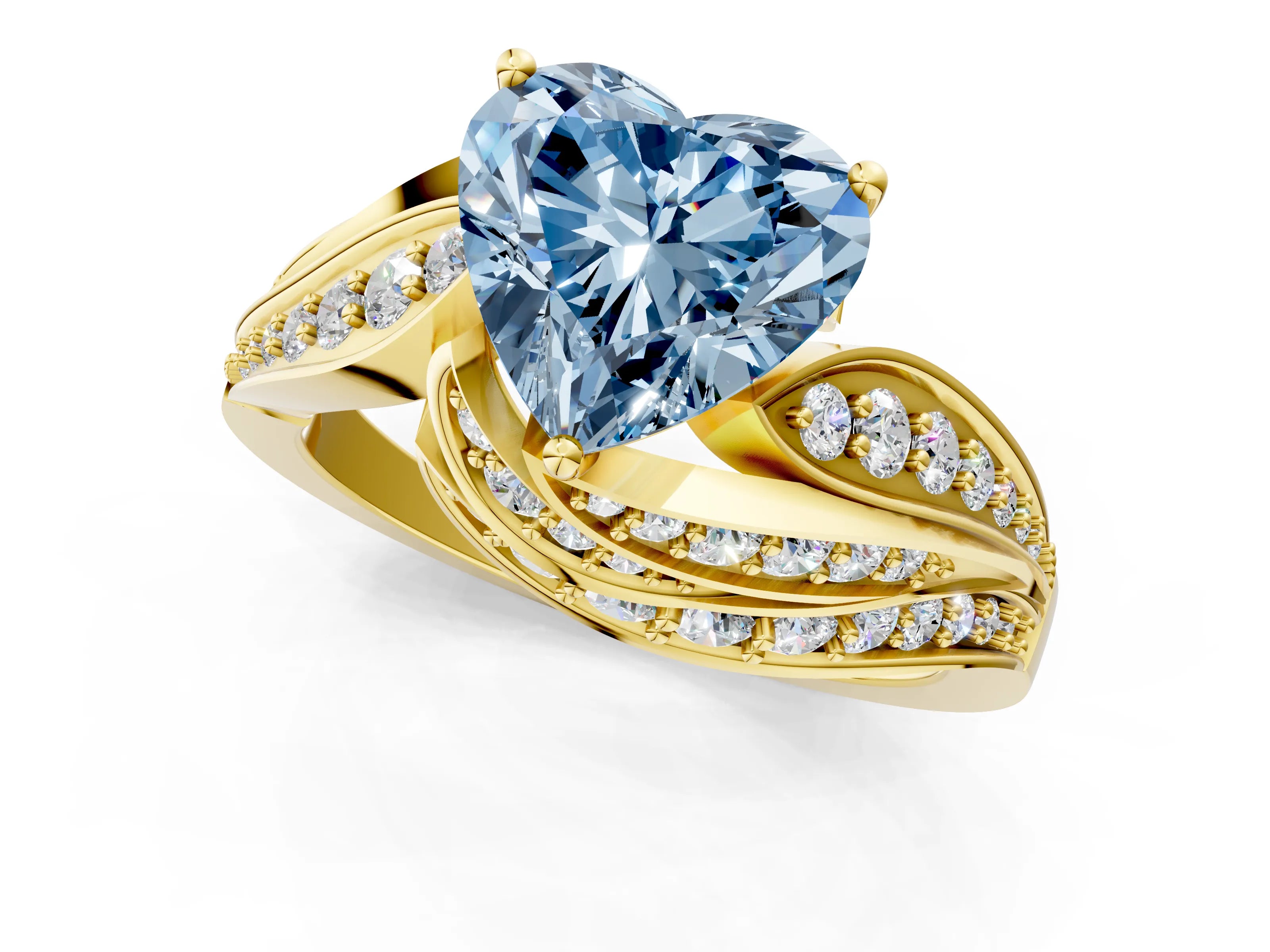 Yellow gold Fancy Blue Heart Cut Diamond Solitaire Ring with Prong Setting and Twisted Pavé Band_1