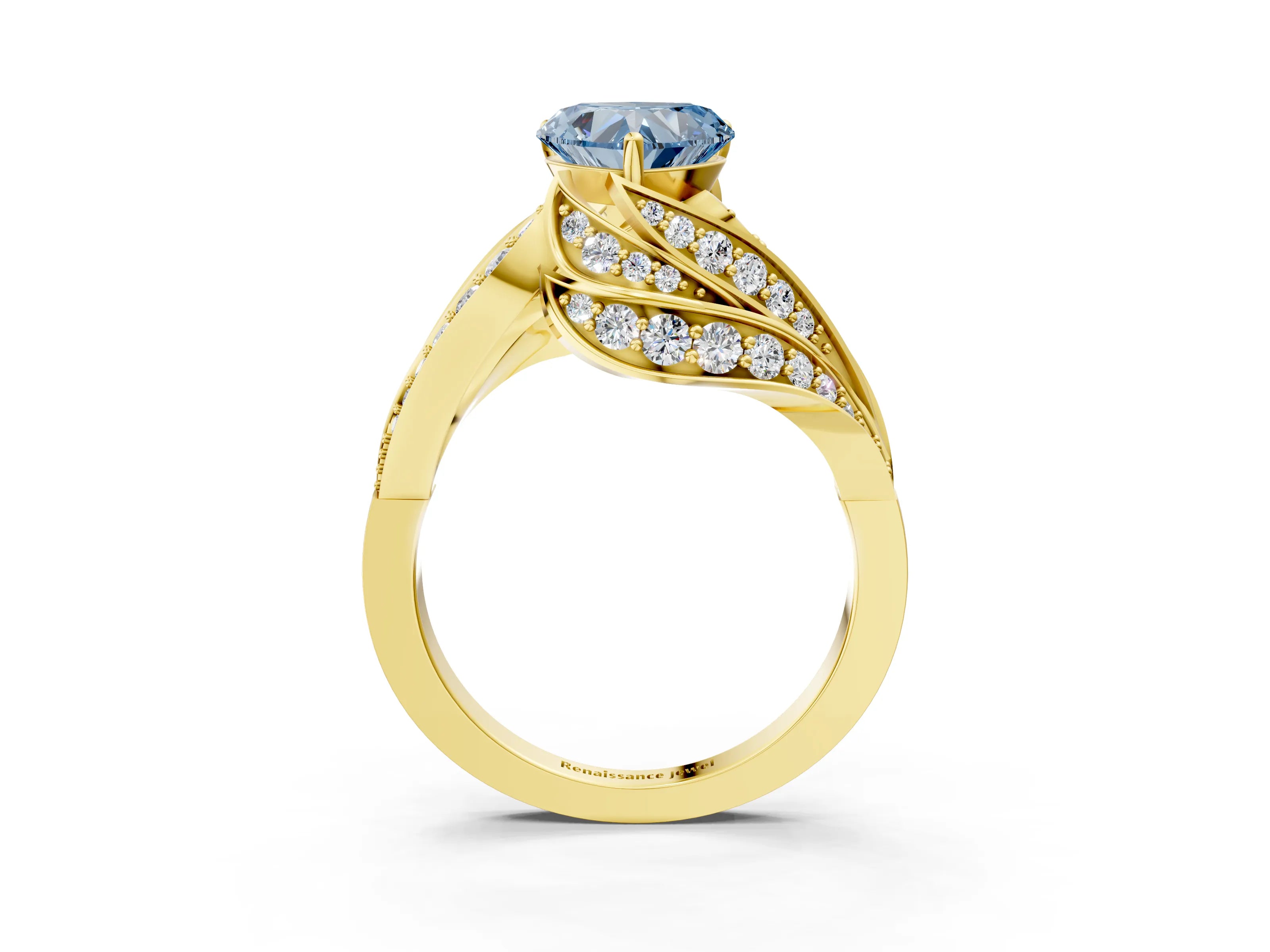 Yellow gold Fancy Blue Heart Cut Diamond Solitaire Ring with Prong Setting and Twisted Pavé Band_3