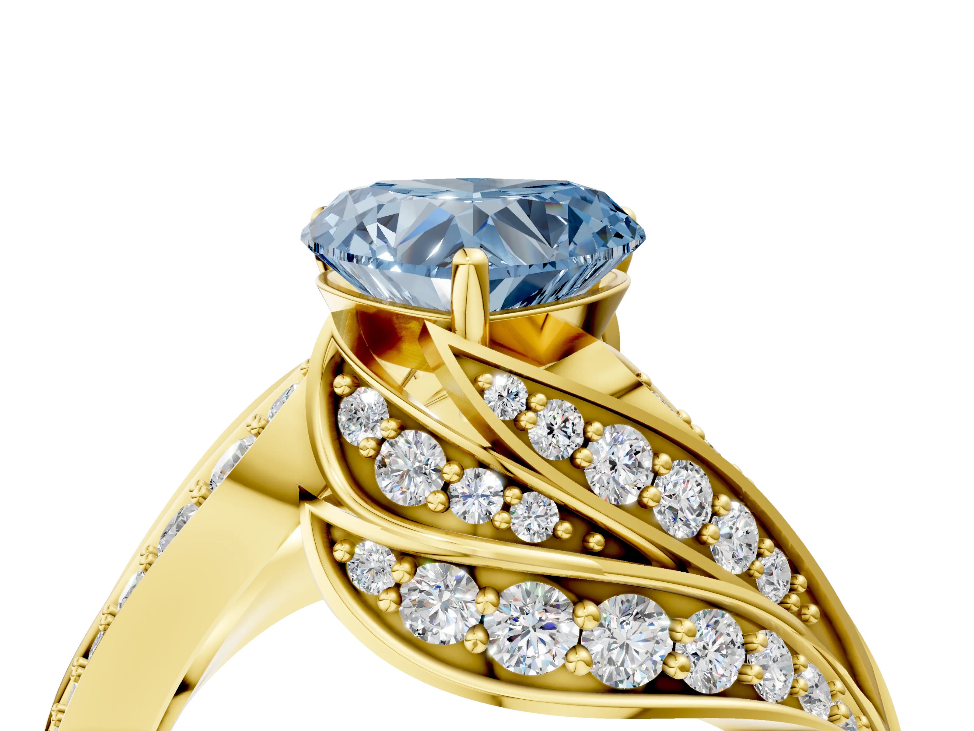 Yellow gold Fancy Blue Heart Cut Diamond Solitaire Ring with Prong Setting and Twisted Pavé Band_4