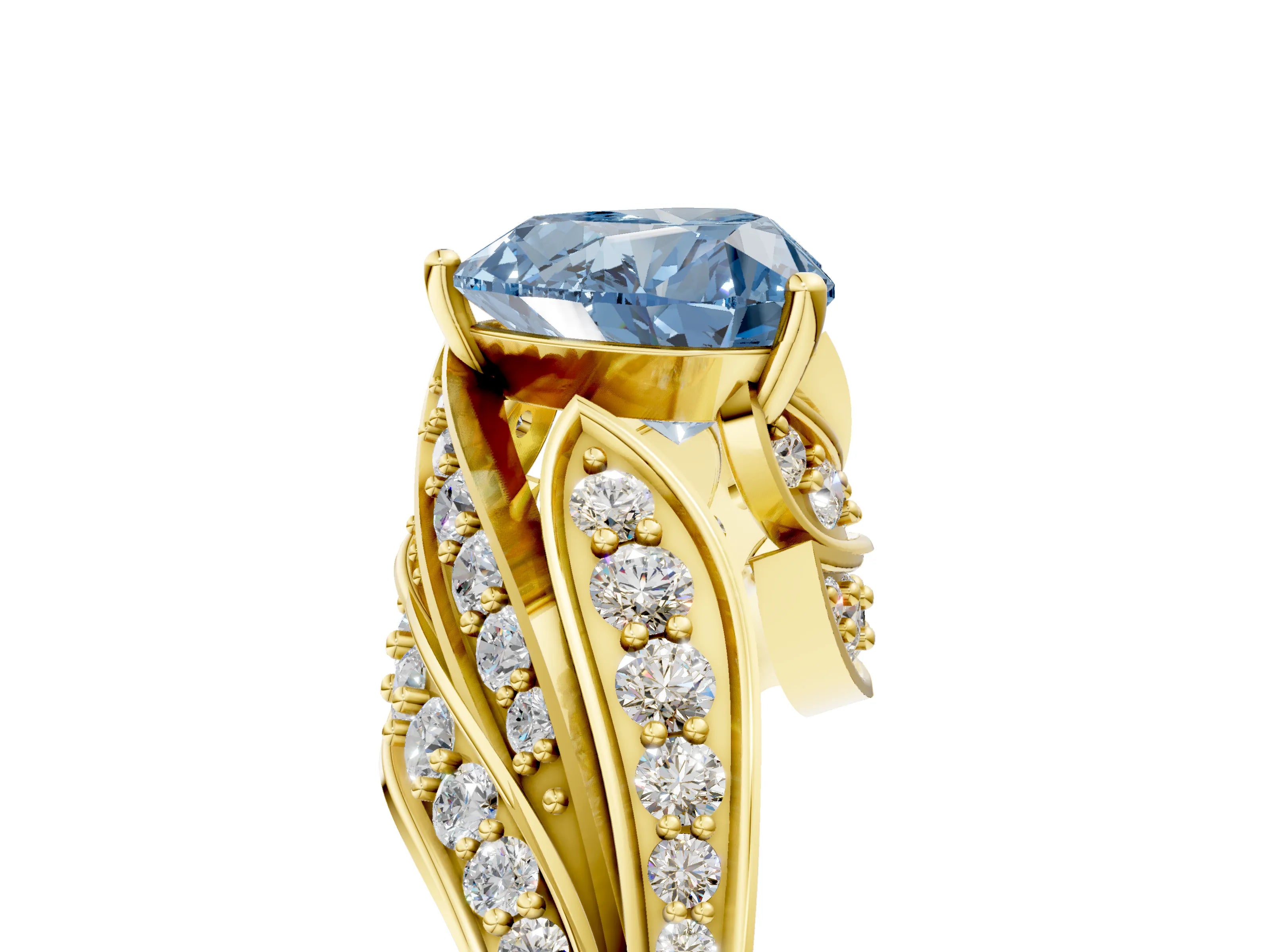 Yellow gold Fancy Blue Heart Cut Diamond Solitaire Ring with Prong Setting and Twisted Pavé Band_5