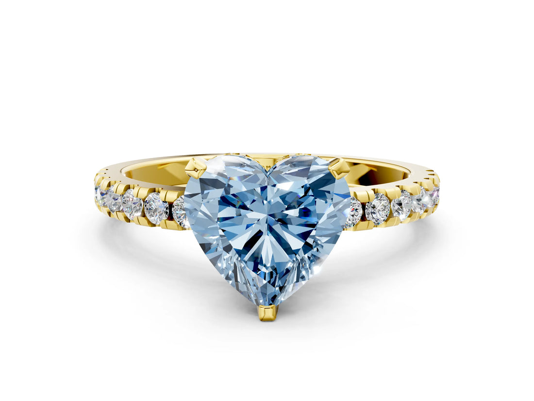 Yellow gold Fancy Blue Heart Cut Diamond Solitaire Ring with Round  Pavé Band and Four-Prong Setting_36