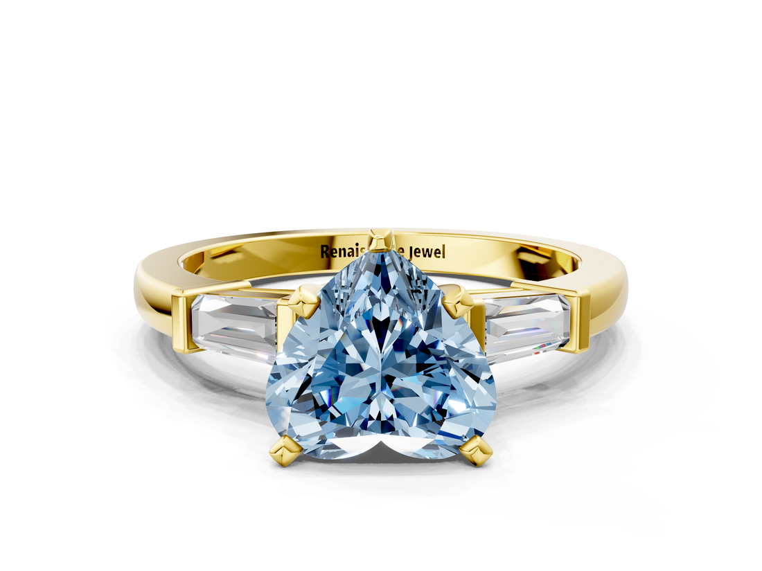 Yellow gold Fancy Blue Heart  Cut Diamond Solitaire Ring with Tapered Baguette Accents and Four-Prong Setting_44