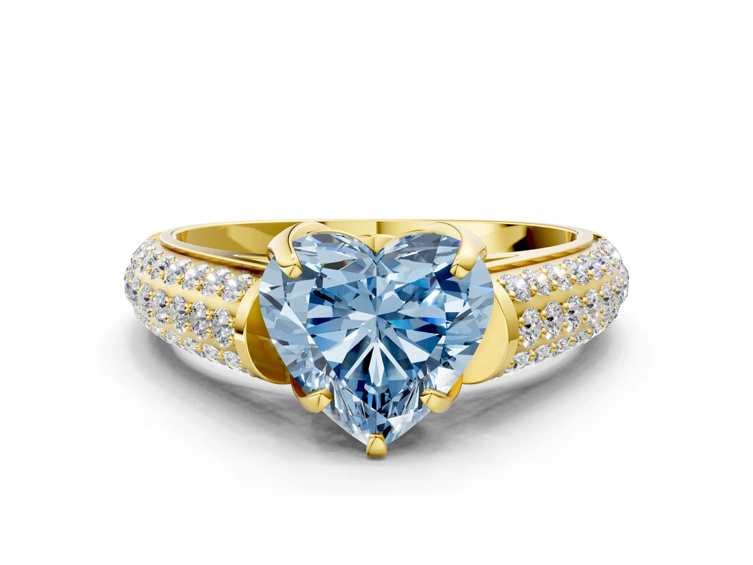 Yellow gold Fancy Blue Heart Cut Diamond Solitaire Ring with Three-Row Pavé Band and Four-Prong Setting_36