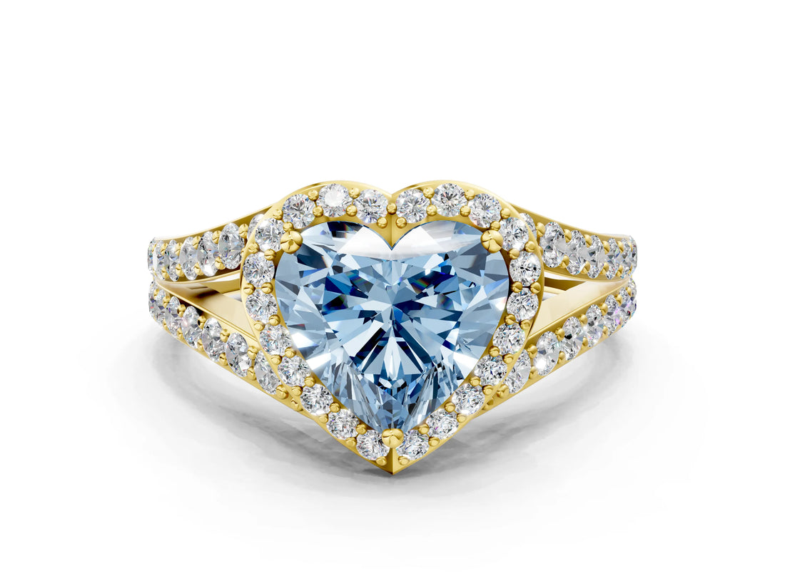 Yellow gold Fancy Blue Heart Cut Diamond Split Shank Halo Ring with Four-Prong Setting_58