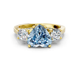 Yellow gold Fancy Blue Heart Cut Diamond Three-Stone Engagement Ring with Prong Setting and Pavé Band
