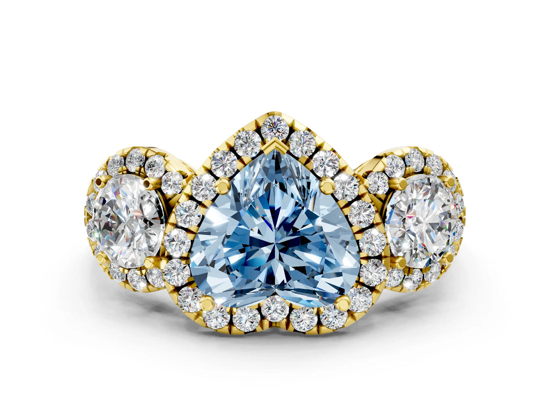 Yellow gold Fancy Blue Heart Cut Diamond Three-Stone Halo Ring with Prong Setting and Pavé Accents