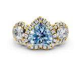 Yellow gold Fancy Blue Heart Cut Diamond Three-Stone Halo Ring with Prong Setting and Pavé Accents