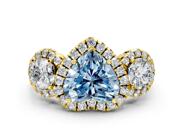 Yellow gold Fancy Blue Heart Cut Diamond Three-Stone Halo Ring with Prong Setting and Pavé Accents