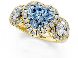 Yellow gold Fancy Blue Heart Cut Diamond Three-Stone Halo Ring with Prong Setting and Pavé Accents_1