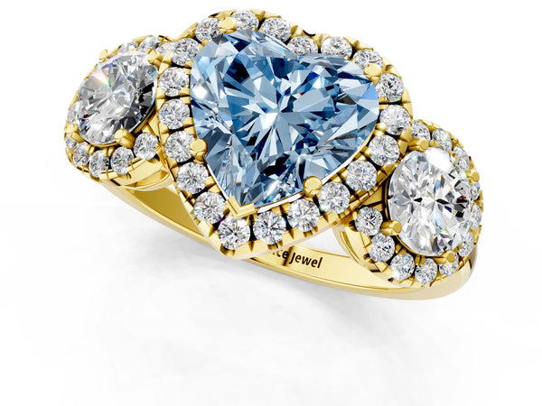 Yellow gold Fancy Blue Heart Cut Diamond Three-Stone Halo Ring with Prong Setting and Pavé Accents