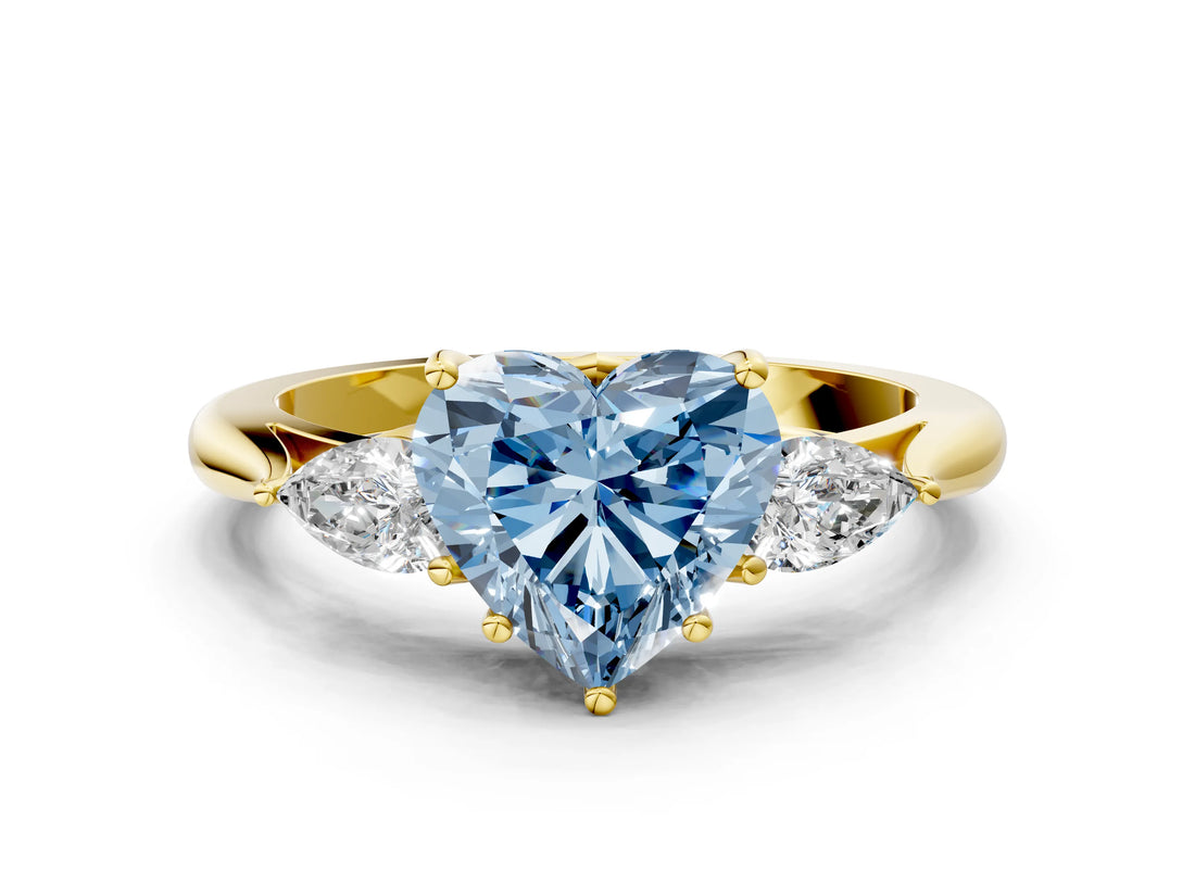 Yellow gold Fancy Blue Heart Cut Diamond Three-Stone Ring with Pear Side Stones and Four-Prong Setting_72