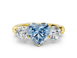 Yellow gold Fancy Blue Heart Cut Diamond Three-Stone Ring with Prong Setting and Pavé Band