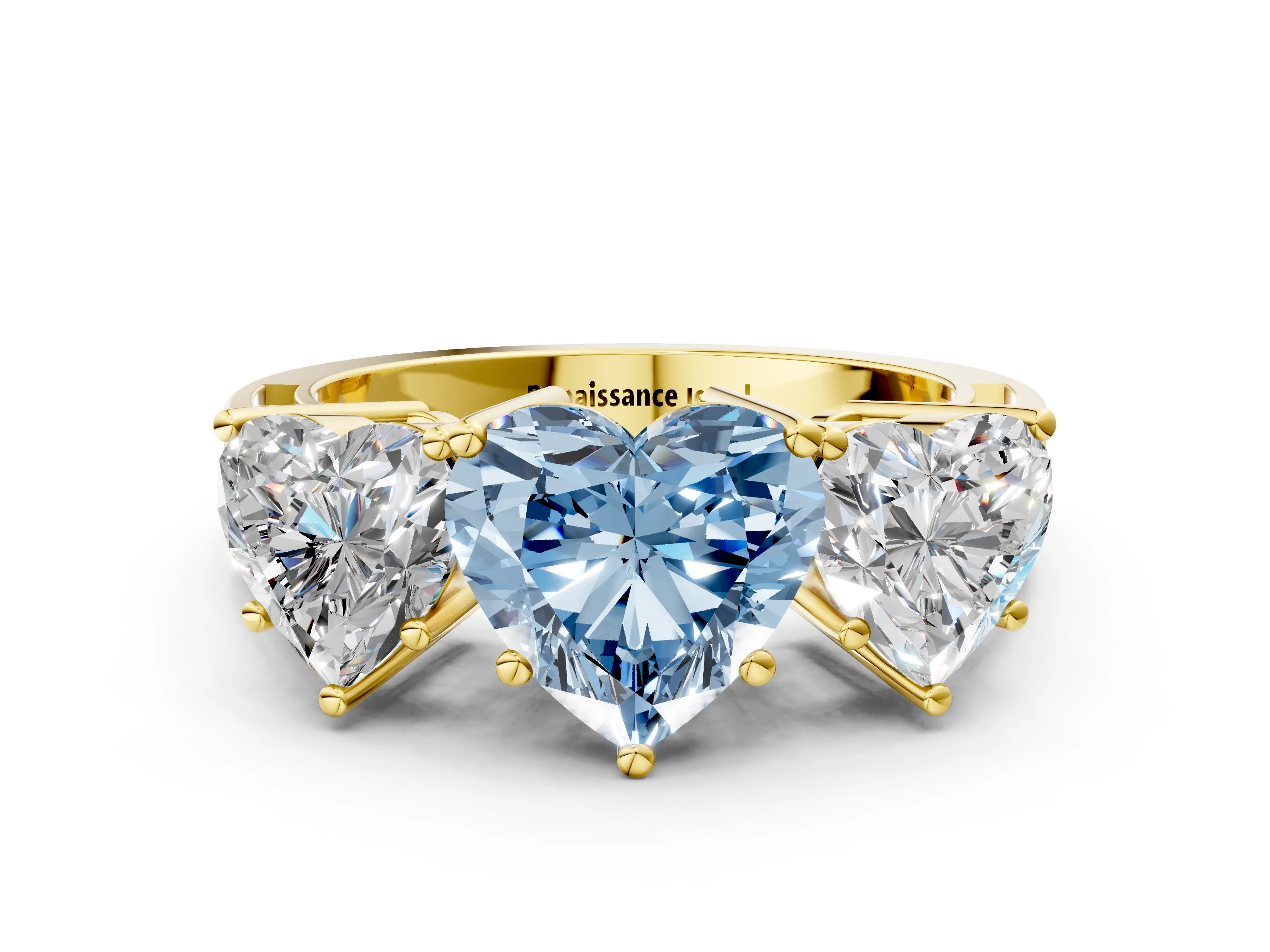 Yellow gold Fancy Blue Heart Cut Diamond Three-Stone Ring with Prong Setting and Textured Band