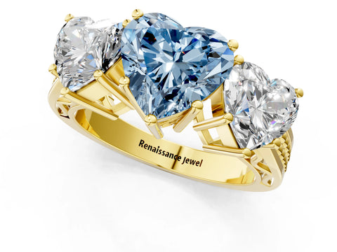 Yellow gold Fancy Blue Heart Cut Diamond Three-Stone Ring with Prong Setting and Textured Band_1