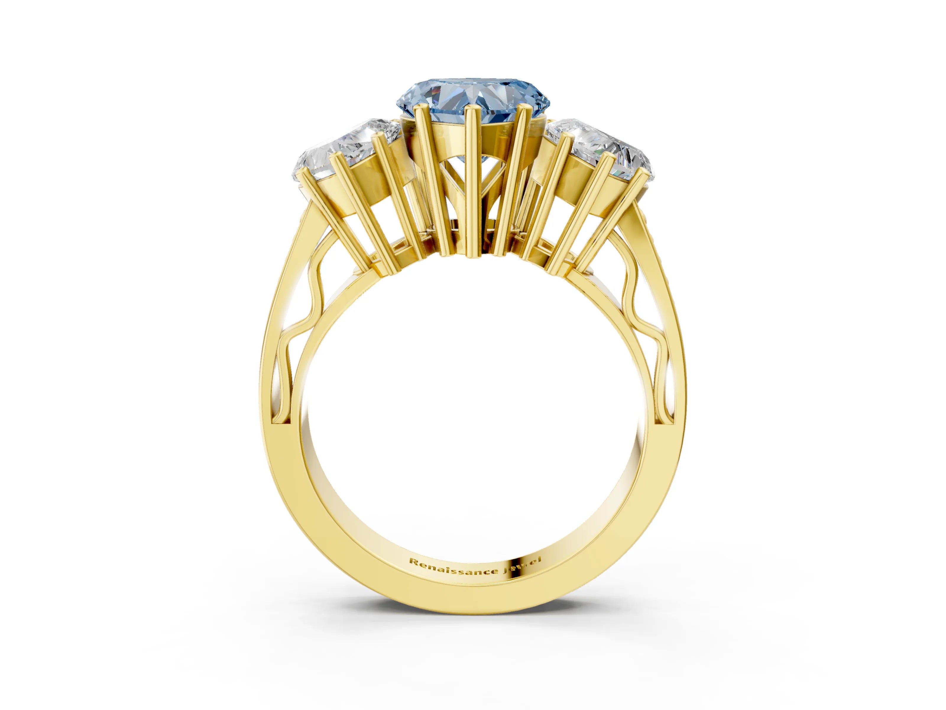 Yellow gold Fancy Blue Heart Cut Diamond Three-Stone Ring with Prong Setting and Textured Band_3