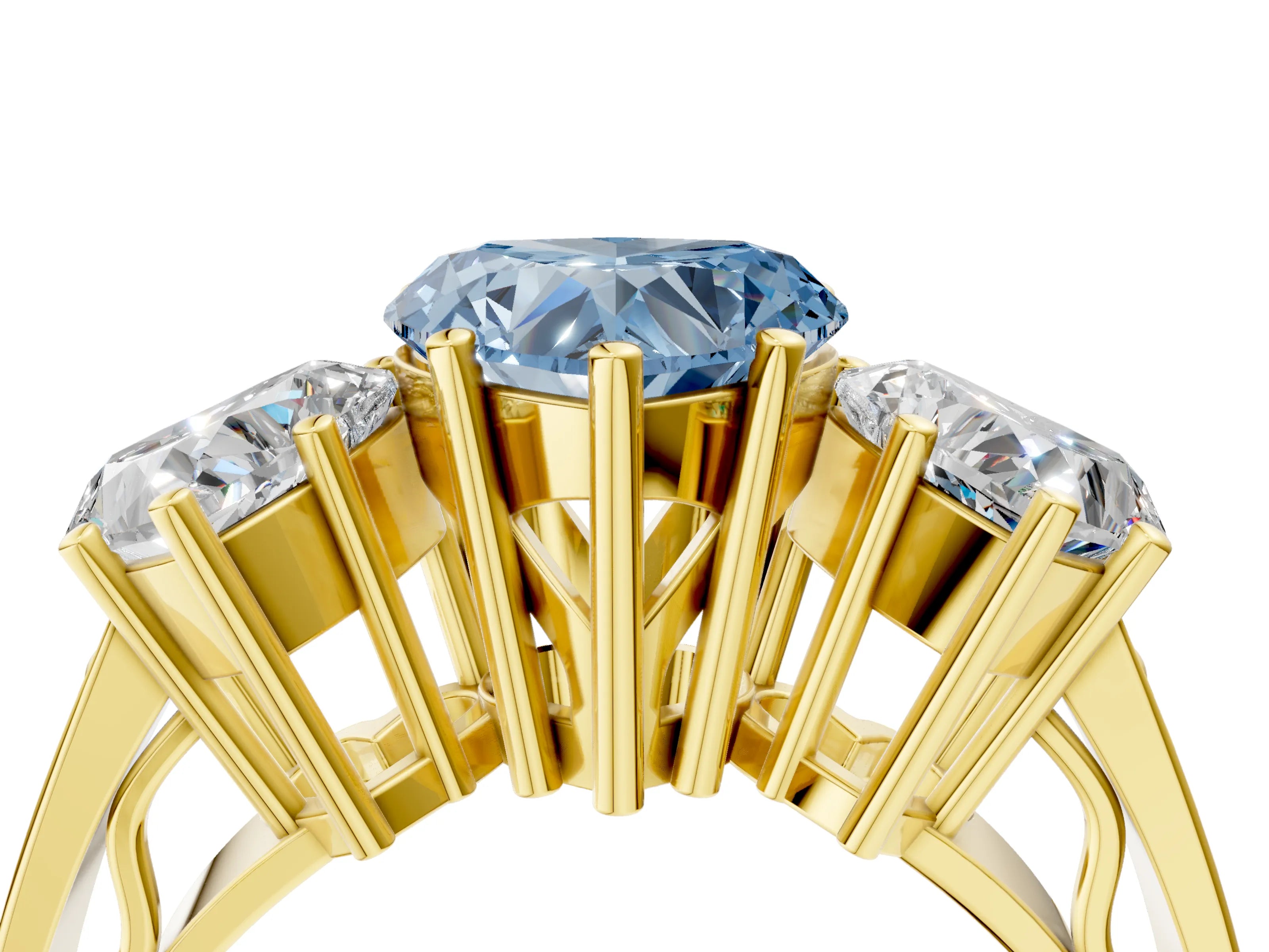 Yellow gold Fancy Blue Heart Cut Diamond Three-Stone Ring with Prong Setting and Textured Band_4