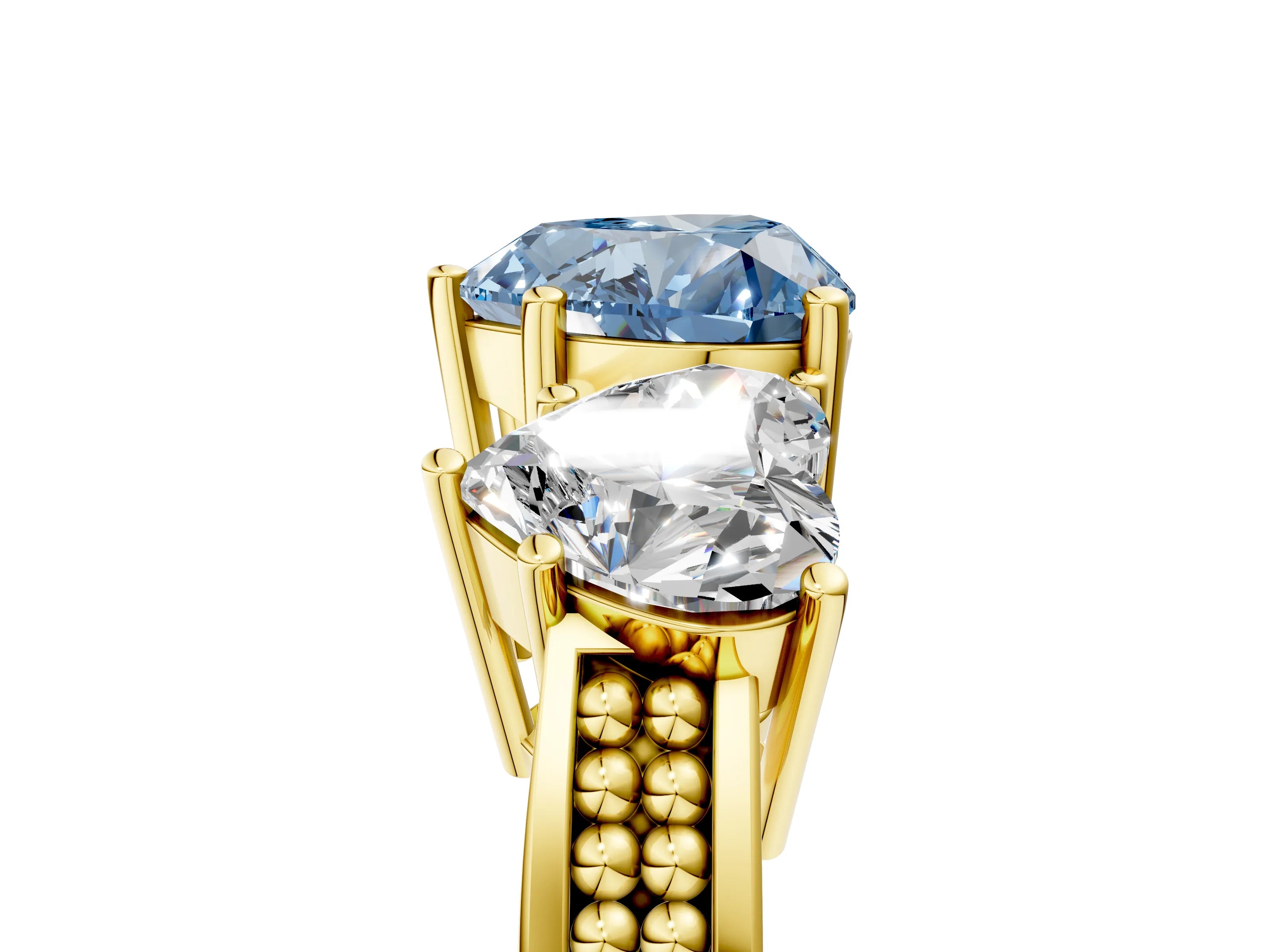 Yellow gold Fancy Blue Heart Cut Diamond Three-Stone Ring with Prong Setting and Textured Band_5