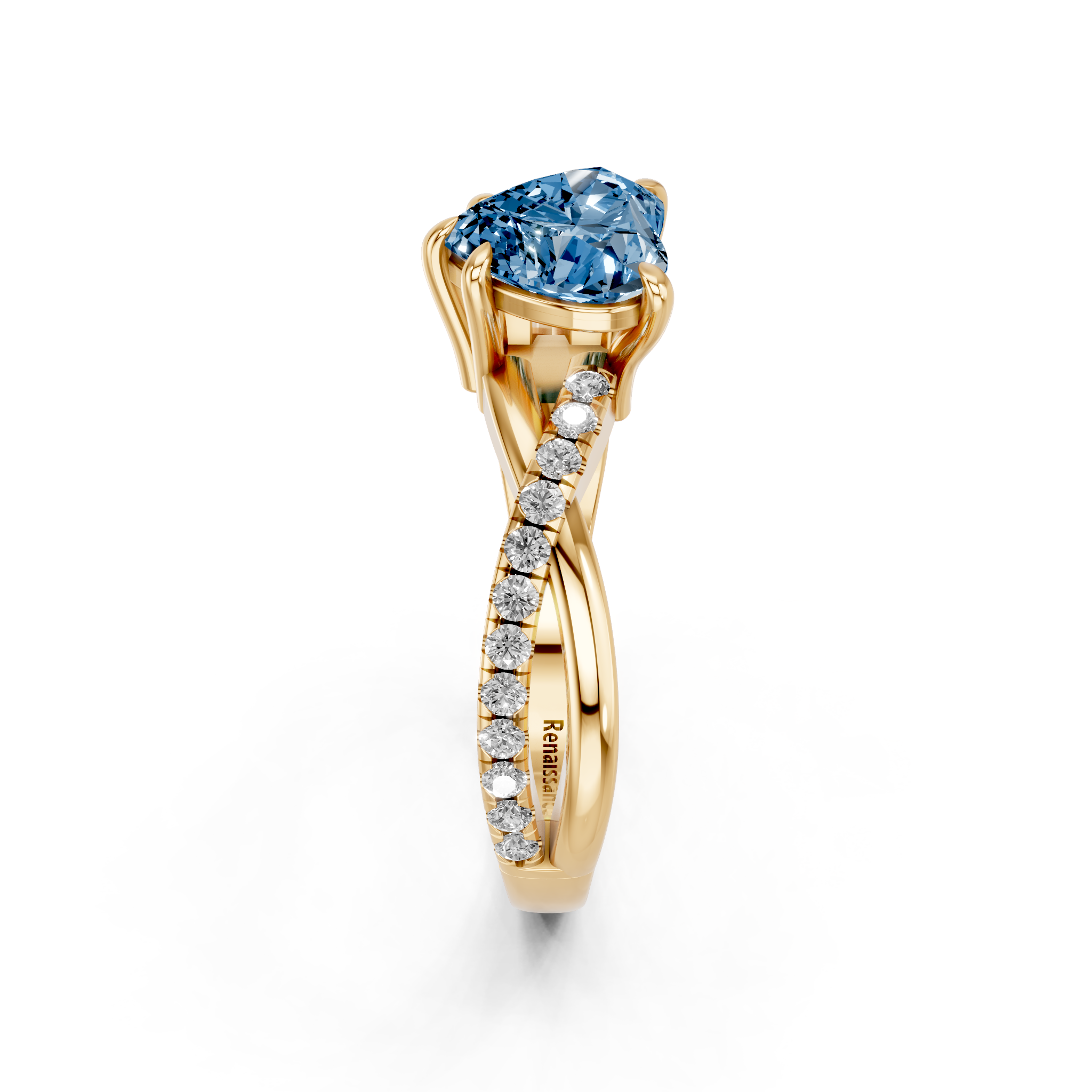 Yellow gold Fancy Blue Heart  Cut Diamond Twist Band Solitaire with Prong Setting_4