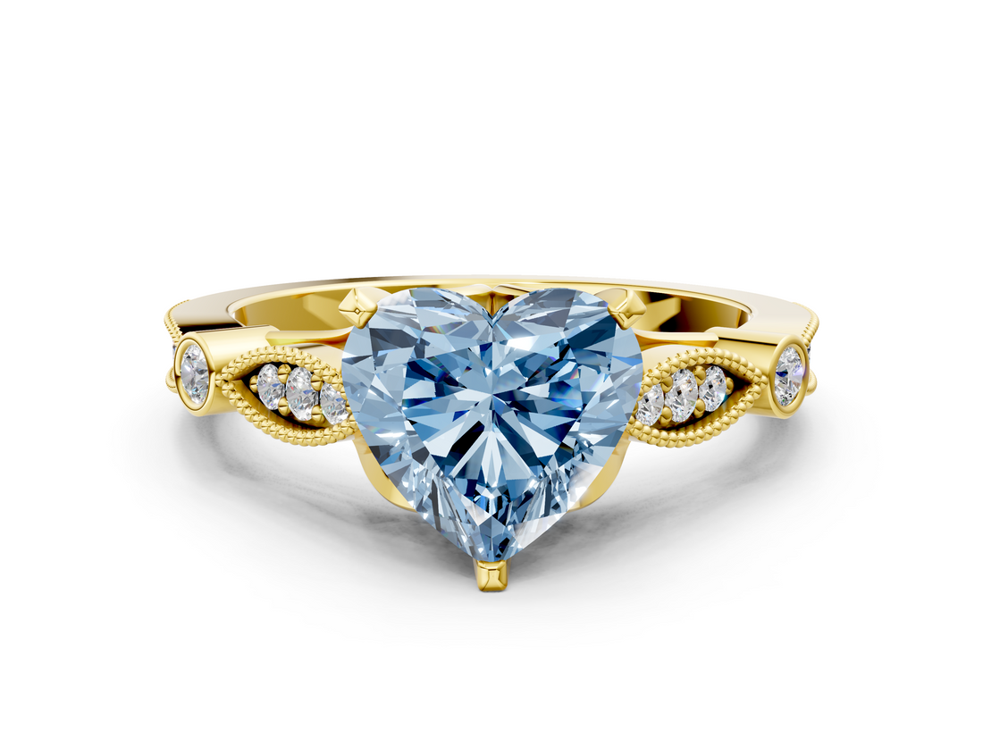 Yellow gold Fancy Blue Heart  Cut Diamond with Milgrain Marquise and Bezel Accents on a Solitaire Band with Prong Setting_213