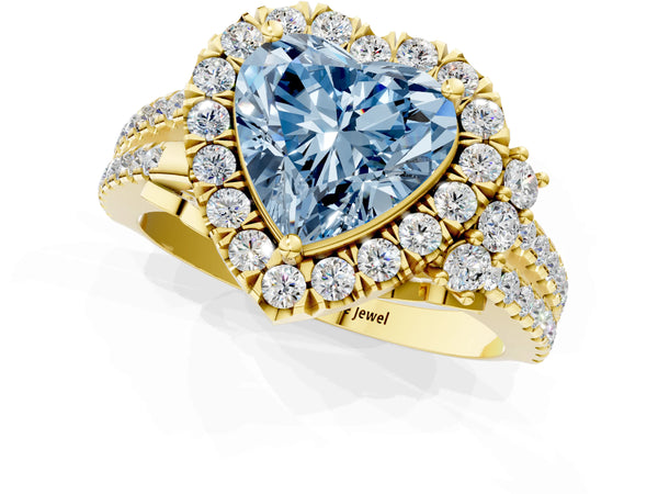 Yellow gold Fancy Blue Heart  Cut Double Halo Diamond Engagement Ring with Pave Band and Four-Prong Setting