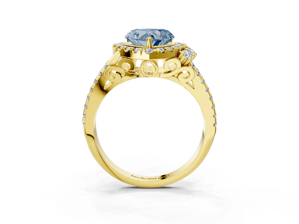 Yellow gold Fancy Blue Heart  Cut Double Halo Diamond Engagement Ring with Pave Band and Four-Prong Setting