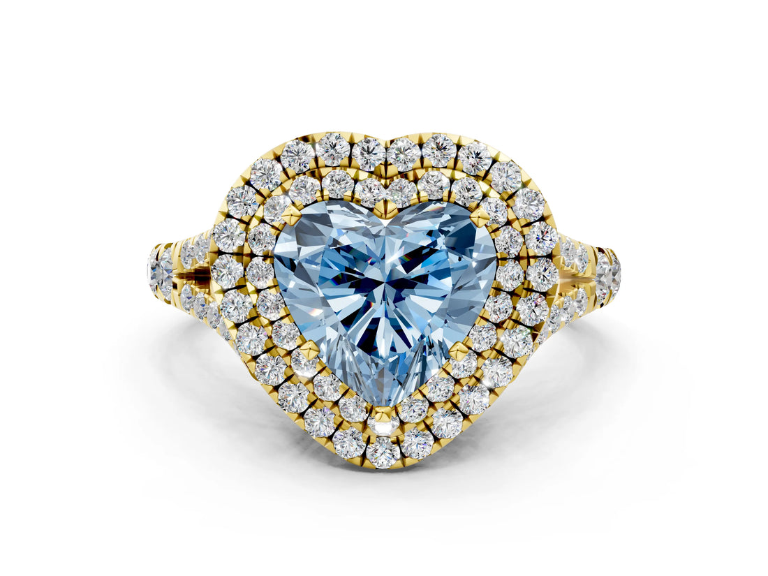 Yellow gold Fancy Blue Heart  Cut Double Halo Split Shank Diamond Ring with Prong Setting_48