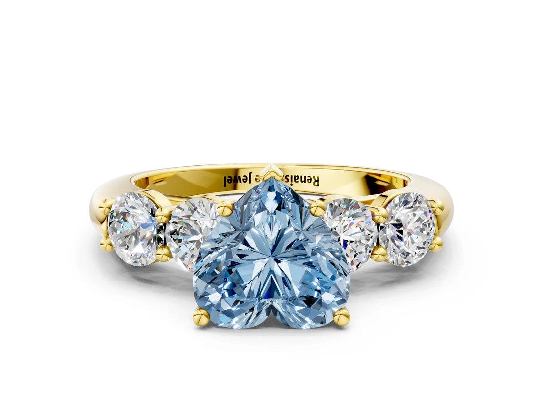 Yellow gold Fancy Blue Heart  Cut Five-Stone Prong Set Diamond Ring with Classic Band_54