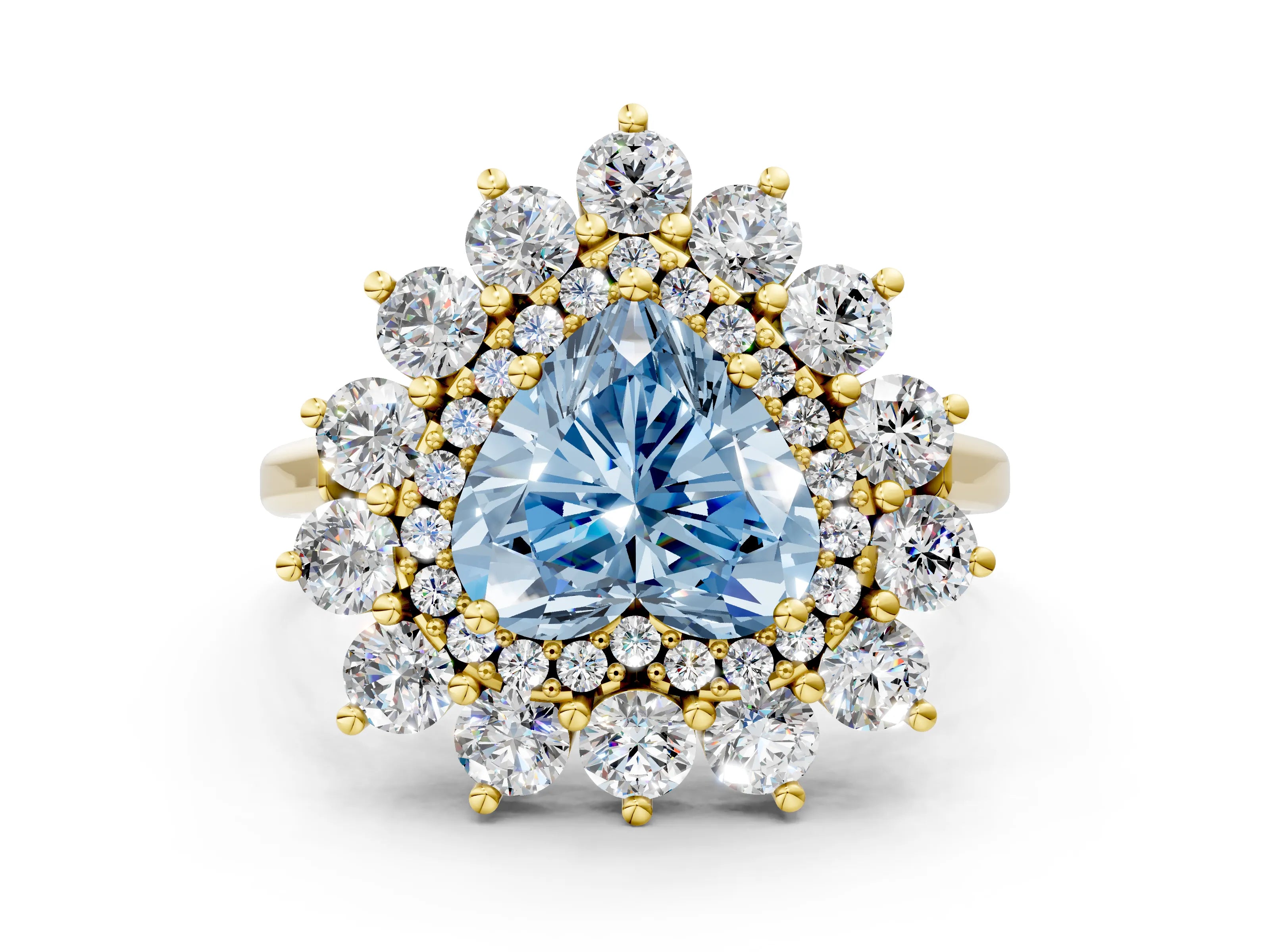 Yellow gold Fancy Blue Heart Cut Halo Cluster Diamond Ring with Pave Band and Four-Prong Setting_12