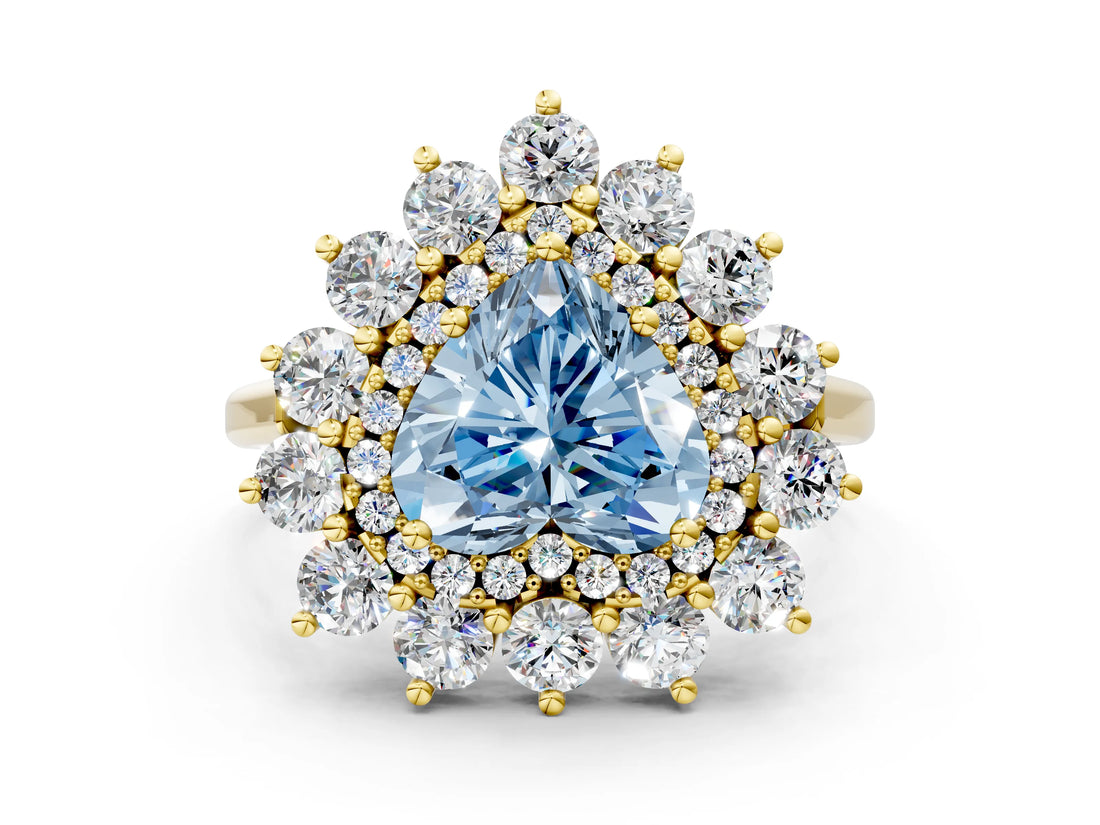 Yellow gold Fancy Blue Heart Cut Halo Cluster Diamond Ring with Pave Band and Four-Prong Setting_12