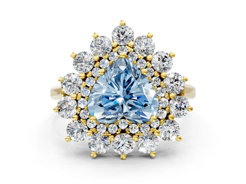 Yellow gold Fancy Blue Heart Cut Halo Cluster Diamond Ring with Pave Band and Four-Prong Setting_12