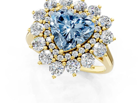 Yellow gold Fancy Blue Heart Cut Halo Cluster Diamond Ring with Pave Band and Four-Prong Setting_13