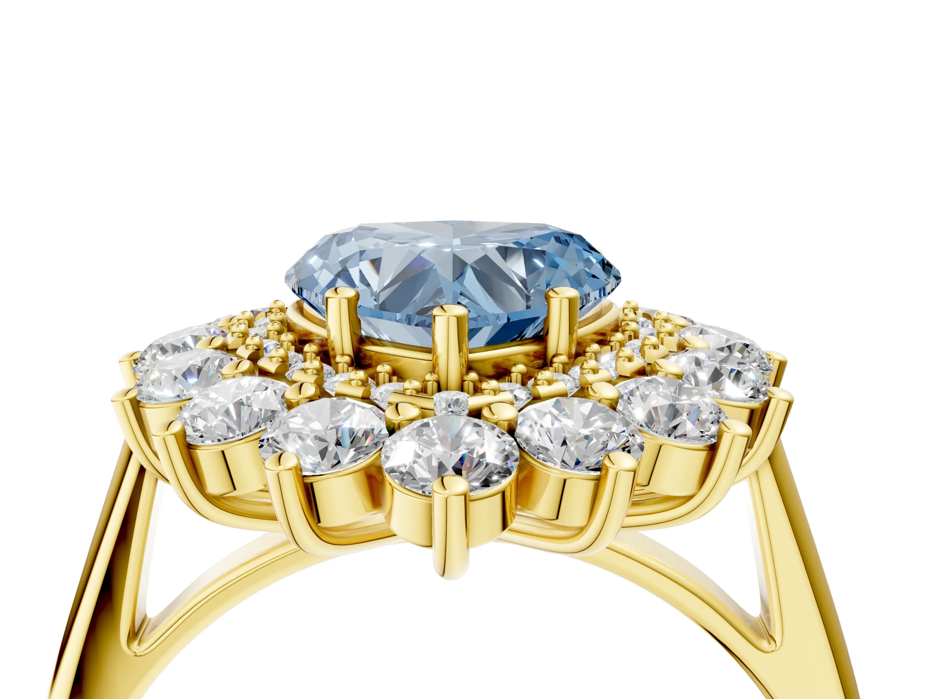 Yellow gold Fancy Blue Heart Cut Halo Cluster Diamond Ring with Pave Band and Four-Prong Setting_16