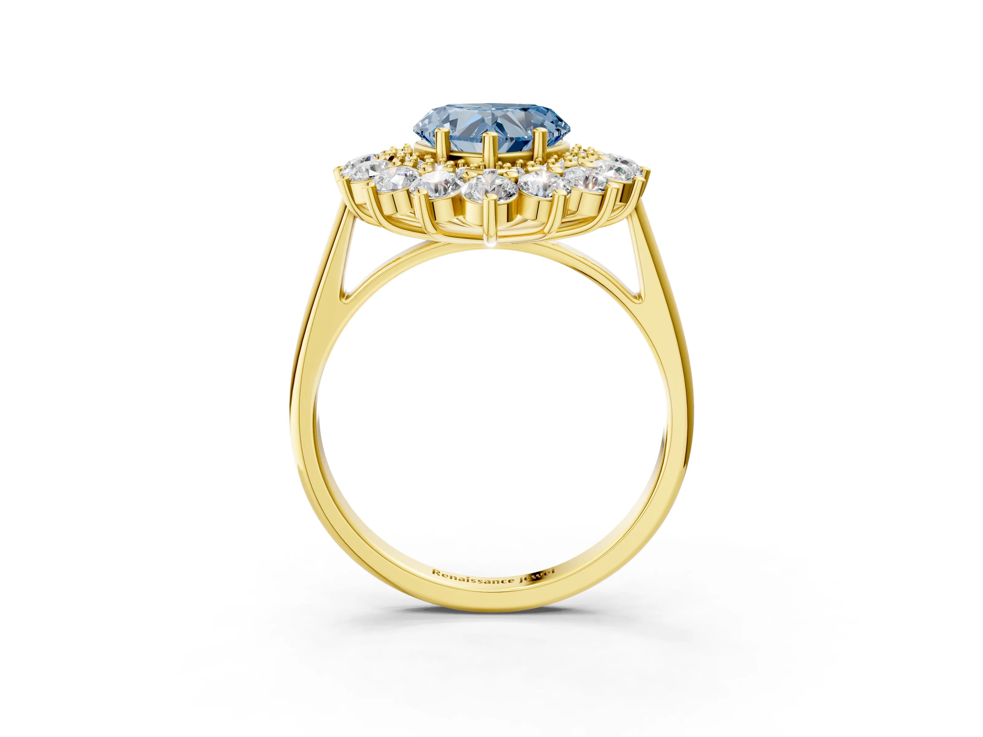 Yellow gold Fancy Blue Heart Cut Halo Cluster Diamond Ring with Pave Band and Four-Prong Setting_3