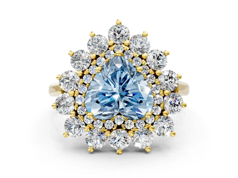 Yellow gold Fancy Blue Heart Cut Halo Cluster Diamond Ring with Pave Band and Four-Prong Setting