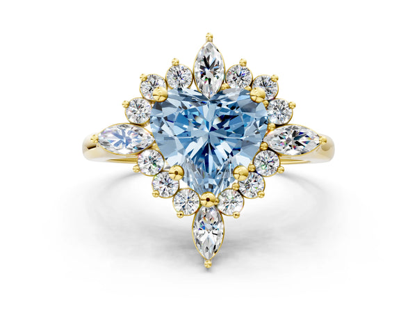 Yellow gold Fancy Blue Heart Cut Halo Diamond Cluster Ring with Marquise and Round Stones on a White Gold Band with Prong Setting