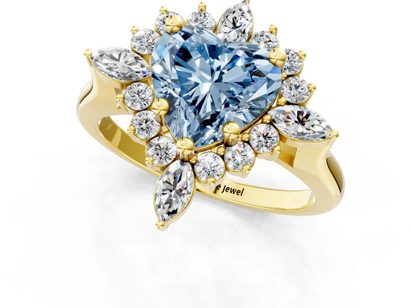 Yellow gold Fancy Blue Heart Cut Halo Diamond Cluster Ring with Marquise and Round Stones on a White Gold Band with Prong Setting