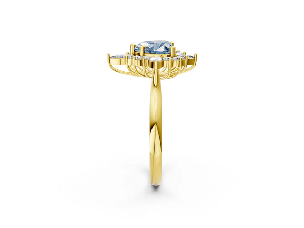 Yellow gold Fancy Blue Heart Cut Halo Diamond Cluster Ring with Marquise and Round Stones on a White Gold Band with Prong Setting