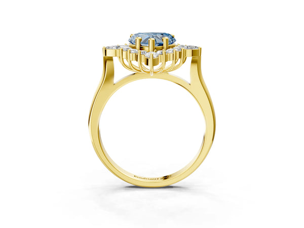 Yellow gold Fancy Blue Heart Cut Halo Diamond Cluster Ring with Marquise and Round Stones on a White Gold Band with Prong Setting