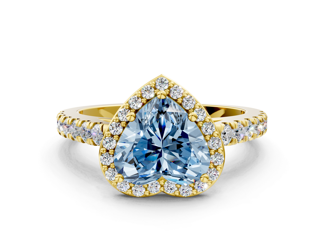 Yellow gold Fancy Blue Heart  Cut Halo Diamond Engagement Ring with Pave Band and Four-Prong Setting_28