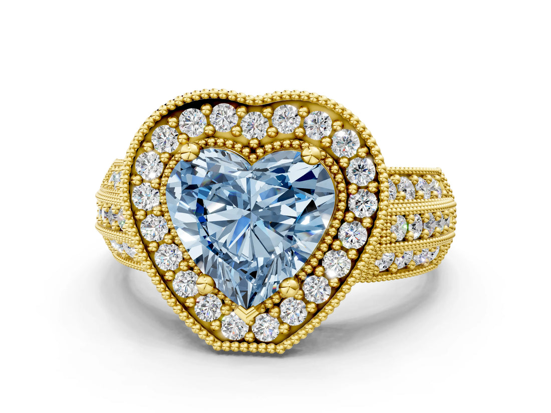 Yellow gold Fancy Blue Heart Cut Halo Diamond Engagement Ring with Pave Split Shank and Four-Prong Setting