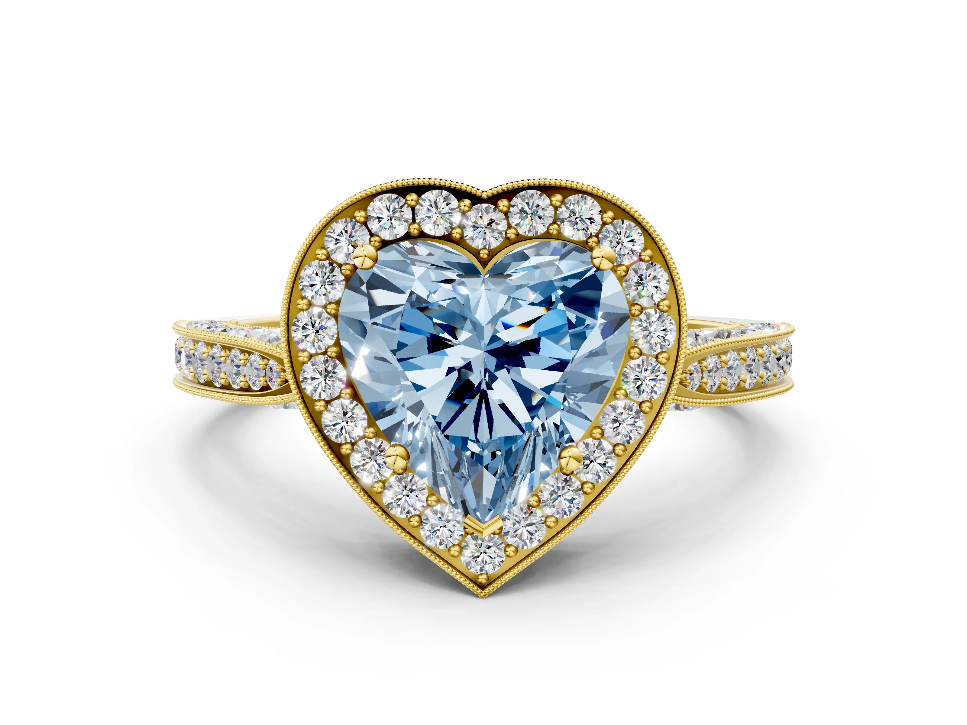 Yellow gold Fancy Blue Heart Cut Halo Diamond Engagement Ring with Split Shank Band and Four-Prong Setting