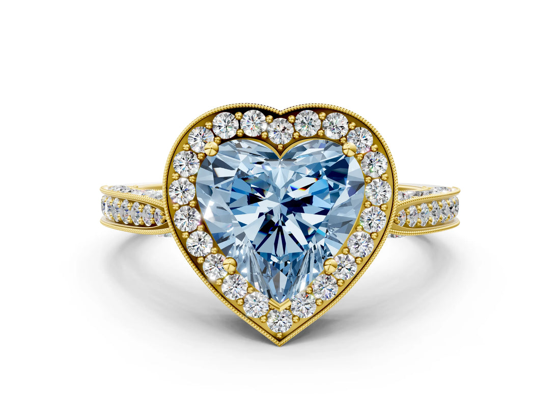 Yellow gold Fancy Blue Heart Cut Halo Diamond Engagement Ring with Split Shank Band and Four-Prong Setting