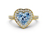 Yellow gold Fancy Blue Heart Cut Halo Diamond Engagement Ring with Split Shank Band and Four-Prong Setting