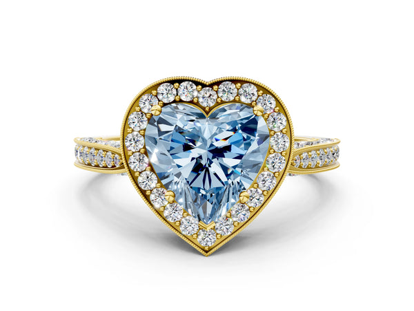 Yellow gold Fancy Blue Heart Cut Halo Diamond Engagement Ring with Split Shank Band and Four-Prong Setting