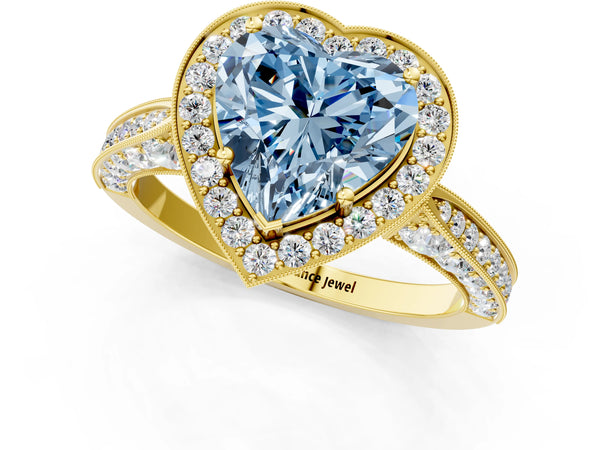 Yellow gold Fancy Blue Heart Cut Halo Diamond Engagement Ring with Split Shank Band and Four-Prong Setting