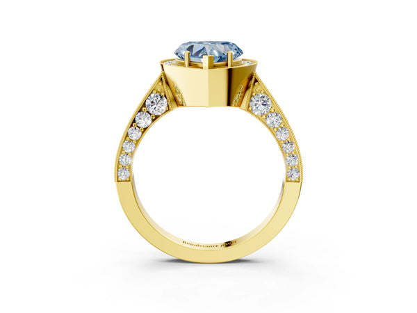 Yellow gold Fancy Blue Heart Cut Halo Diamond Engagement Ring with Split Shank Band and Four-Prong Setting